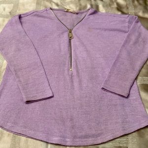 Lavender light weight sweater. Pretty gold zipper down front.